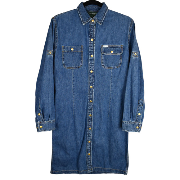 Y2K Vintage Ralph Lauren Roll Tab Sleeve Denim Jean Dress size medium western - Picture 2 of 9